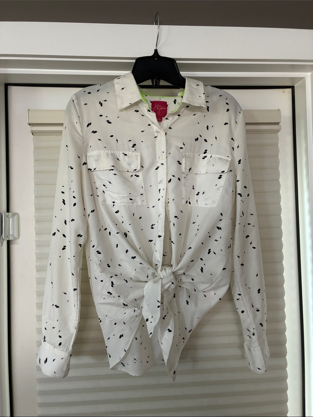 John + Jenn White Blouse with Black Cloud and Lightning Bolt Print